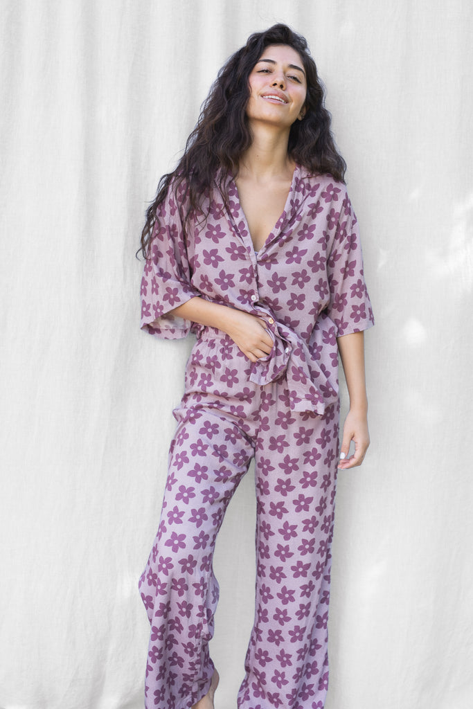 High Waisted Long Pant - Hawaiian Flower Print in Purple - Grape Nectar - Front View