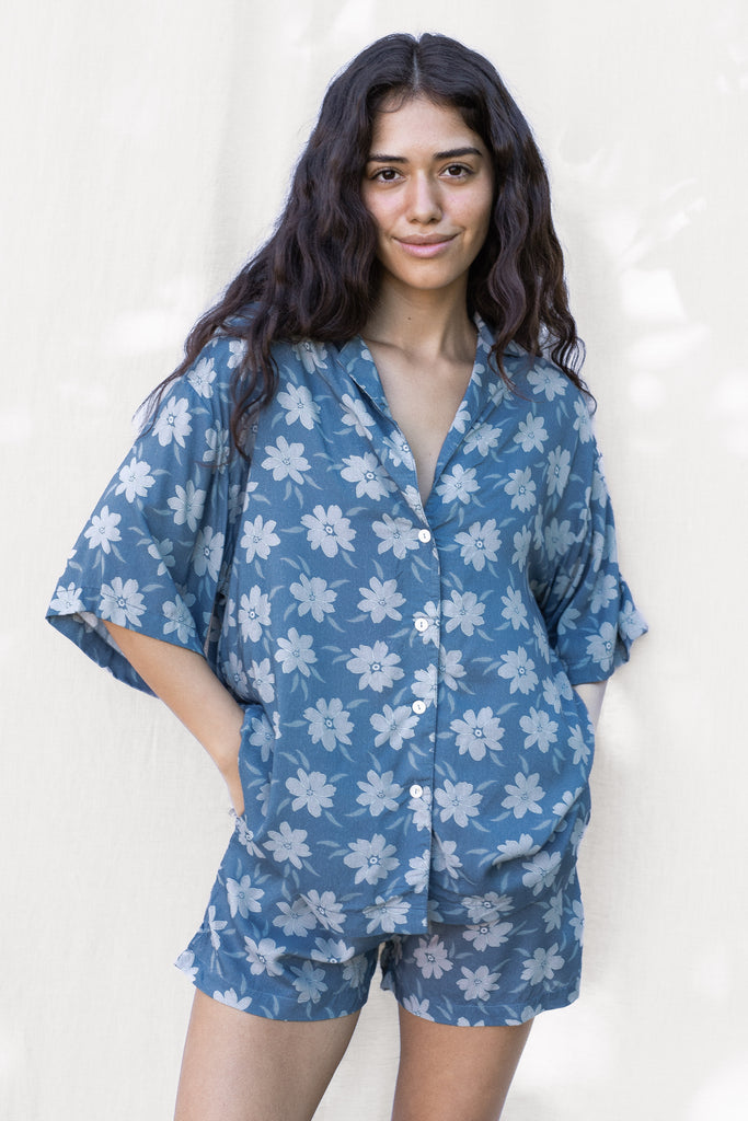 Jay Floral Shirt, Button-Down - Hawaiian Flower Print in Blue - Agave - Front View