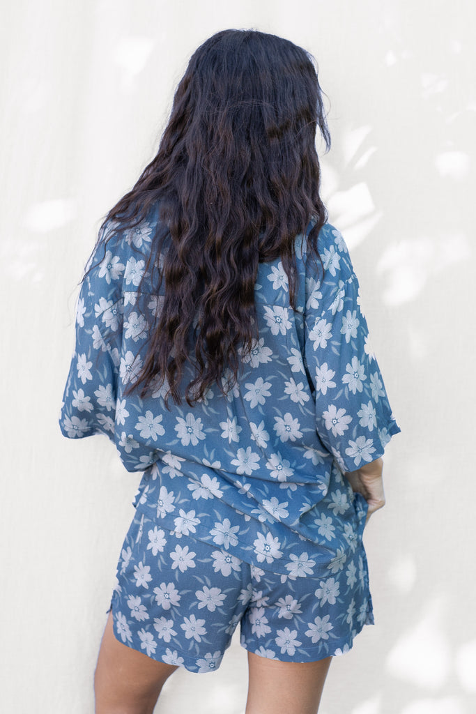 Jay Floral Shirt, Button-Down - Hawaiian Flower Print in Blue - Agave - Back View