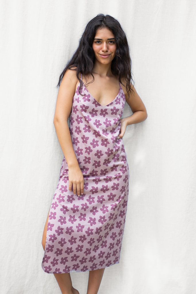   Slip Dress Side Slit Thin Straps - Hawaiian Flower Print in Purple - Grape Nectar - Front View