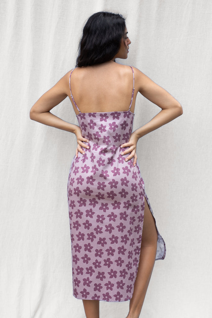 Slip Dress Side Slit Thin Straps - Hawaiian Flower Print in Purple - Grape Nectar - Back View