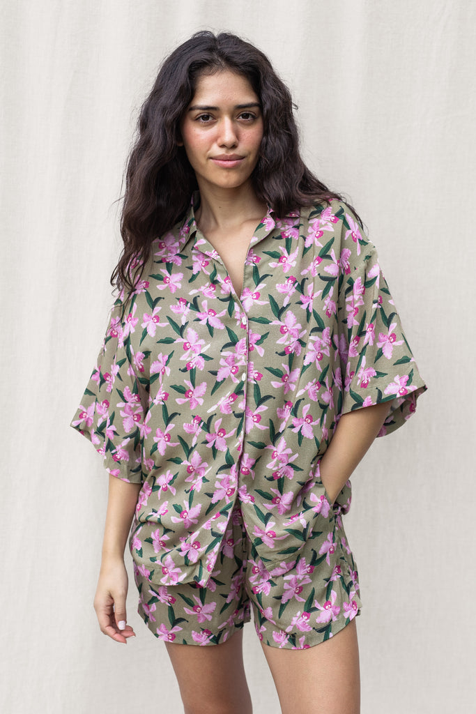 Jay Floral Shirt, Button-Down - Hawaiian Flower Print in Olive - Pink Orchid - Front View
