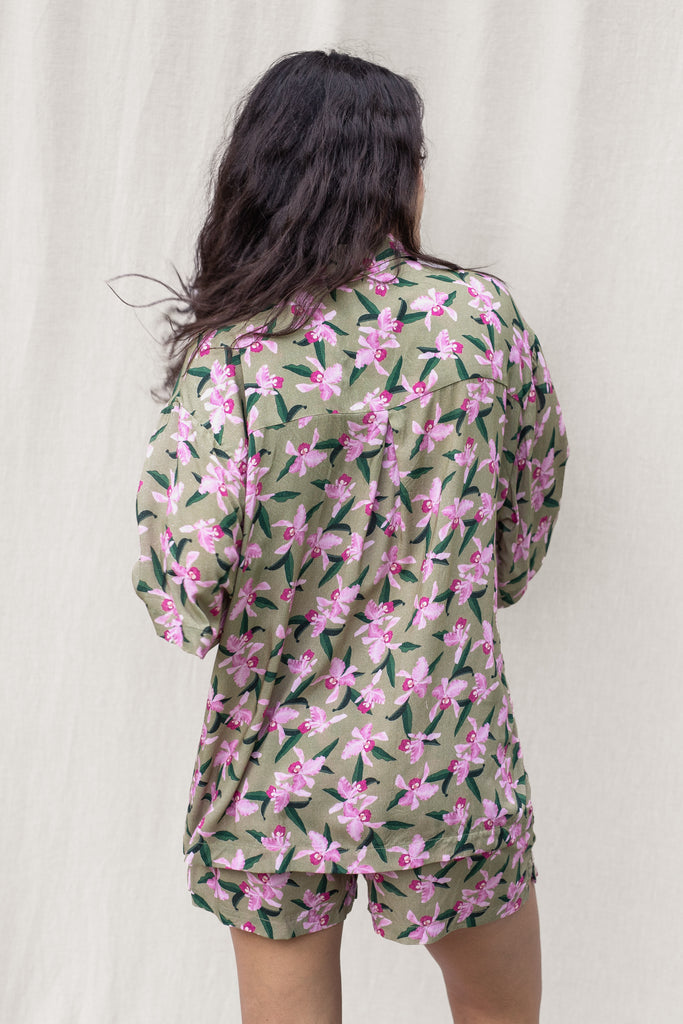 Jay Floral Shirt, Button-Down - Hawaiian Flower Print in Olive - Pink Orchid - Back View