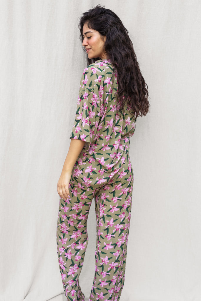 High Waisted Long Pant - Hawaiian Flower Print in Olive - Pink Orchid - Back View