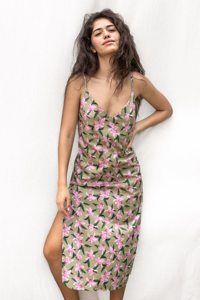 Slip Dress Side Slit Thin Straps - Hawaiian Flower Print in Olive - Pink Orchid - Front View