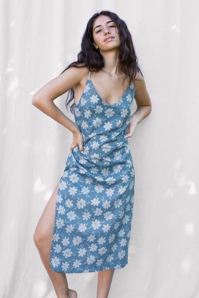 Slip Dress Side Slit Thin Straps - Hawaiian Flower Print in Blue - Agave - Front View