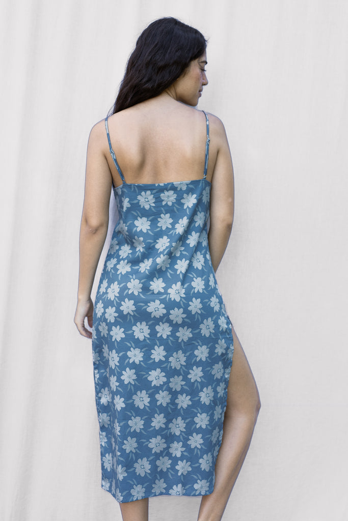 Slip Dress Side Slit Thin Straps - Hawaiian Flower Print in Blue - Agave - Back View