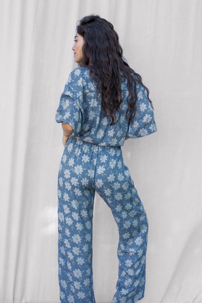 High Waisted Long Pant - Hawaiian Flower Print in Blue - Agave - Back View