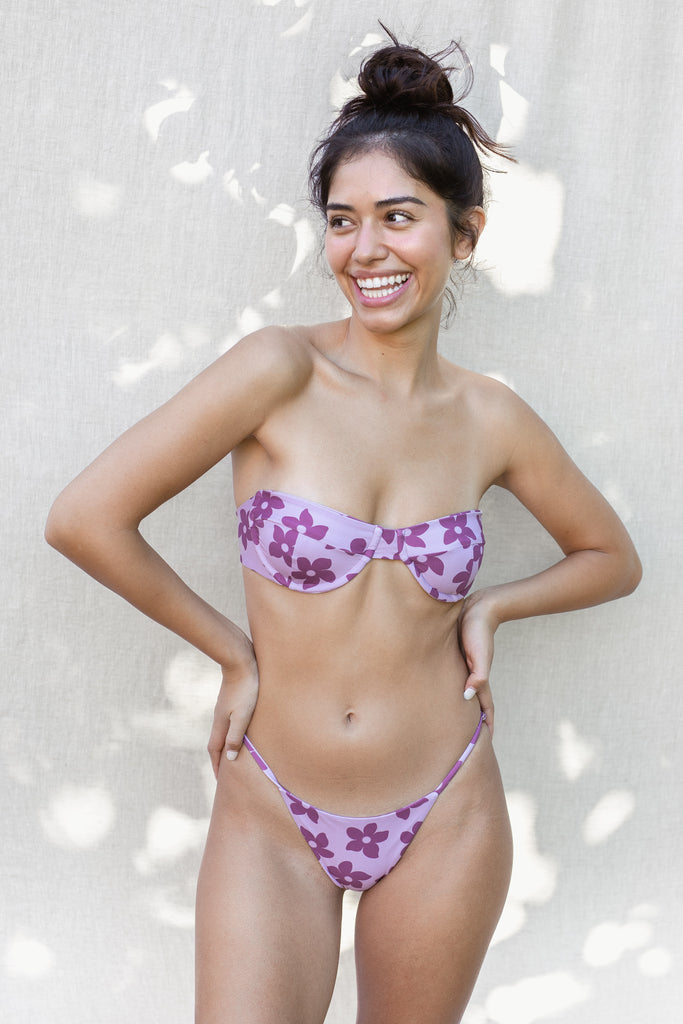 Maddy Bikini Top - Bra-style with Adjustable Shoulder Straps - Hawaiian Flower Print in Purple - Grape Nectar - Front View