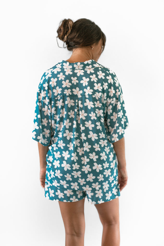 Teo Short Elasticated Waistband - Teal Hibiscus - Back View