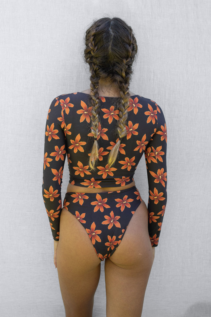 Josie Bikini Bottom, High Waist, High Hip - Hawaiian Flower Print - Papaya Lily - Back View
