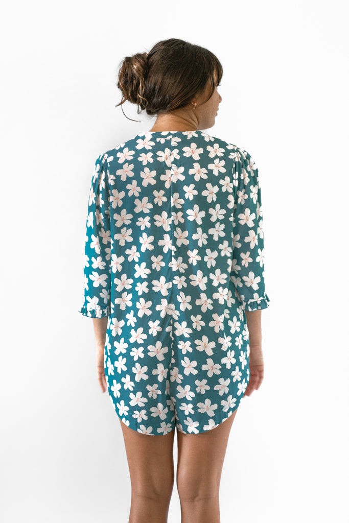 Romper, Button-down - Teal Hibiscus - Back View