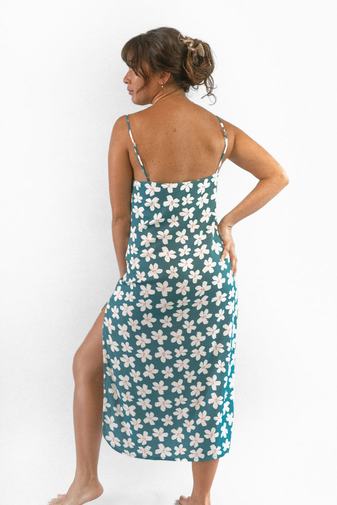 Slip Dress Side Slit Thin Straps - Teal Hibiscus - Back View