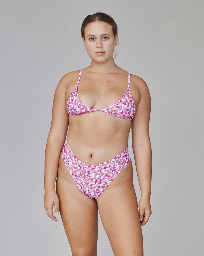 Vada Triangle Bikini Top, Adjustable Shoulder Straps - Pink Garden - Front View