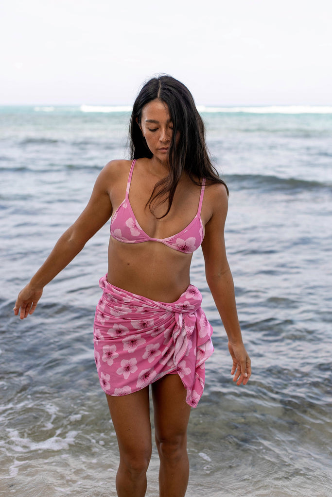 Pareo - 100% organic bamboo. Buttery soft with an easy tie side design for the perfect cover up in Hawaiian Floral Pink Print - Aurora - Front View