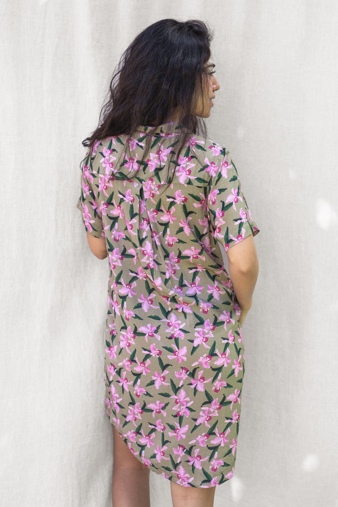 Aloha Hawaiian Flower Print Button-down Dress - Pink Orchid - Back View