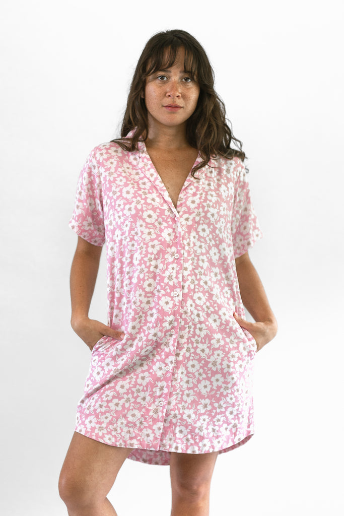 Aloha Button-down Dress - Pink Bloom - Front View