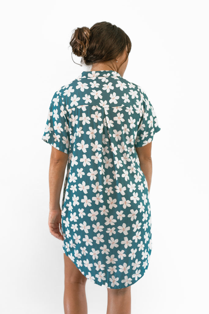 Aloha Button-down Dress - Teal Hibiscus - Back View