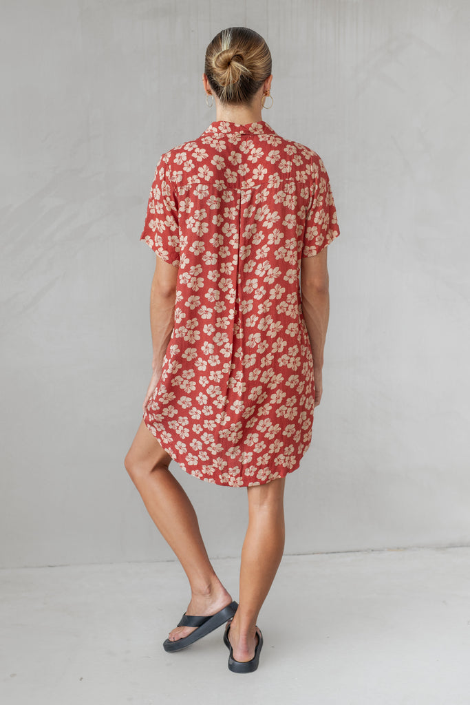 Aloha Shirt Dress - Burnt Hibiscus M Aloha Shirt Dress - Burnt Hibiscus M