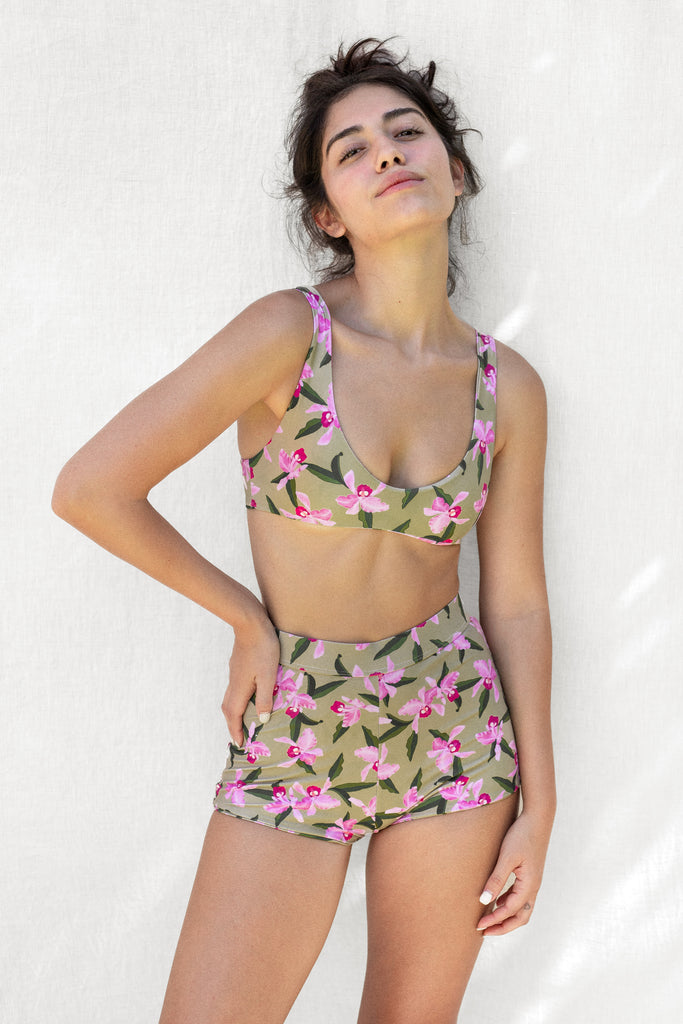 Short Bikini Bottom, High Waist, Full Coverage - Hawaiian Flower Print in Olive - Front View