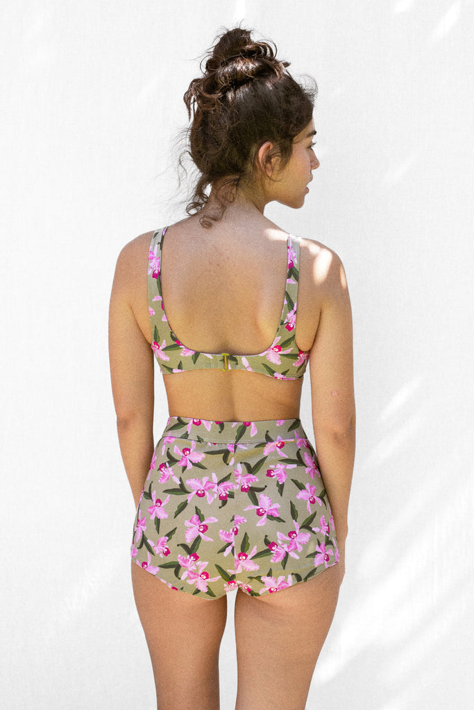 Short Bikini Bottom, High Waist, Full Coverage - Hawaiian Flower Print in Olive - Back View