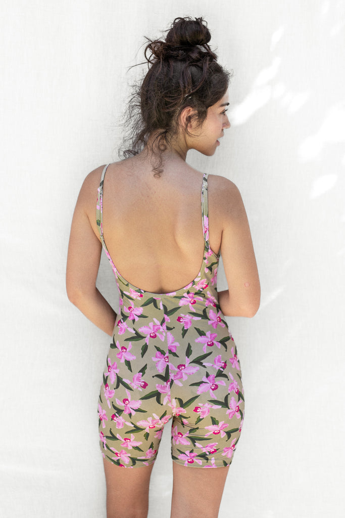 Bike-Short Length Bodysuit - Hawaiian Flower Print in Olive with Scoop Back - Pink Orchid - Back View