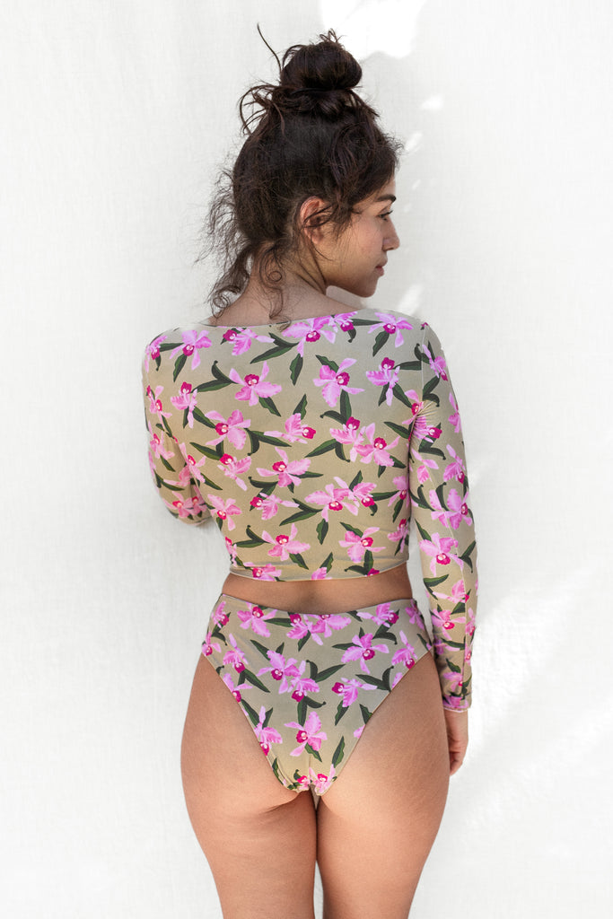 Bailey Bikini Bottom, Hawaiian Flower Print, High Rise, Medium Coverage - Pink Orchid - Back View