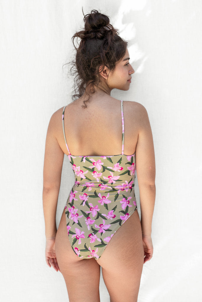 Bella One Piece Swimsuit - Medium Coverage, Adjustable tie front - Pink Orchid - Back View