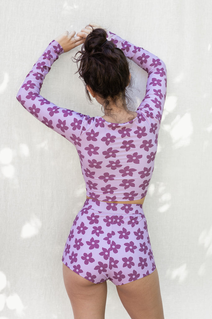Short Bikini Bottom, High Waist, Full Coverage - Hawaiian Flower Print in Purple - Grape Nectar - Back View