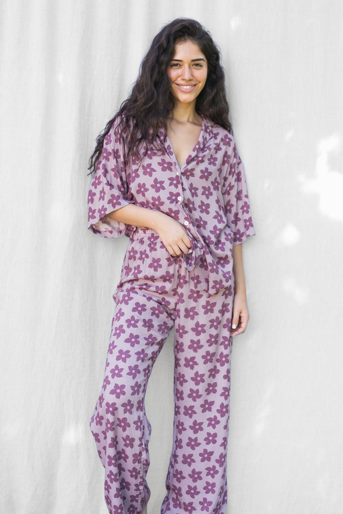 High Waisted Long Pant - Hawaiian Flower Print in Purple - Grape Nectar - Front View