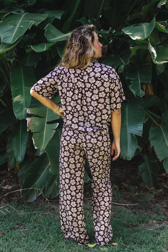 High Waisted Long Pants with elasticated waistband in Hawaiian Floral Brown and Beige Print - Brown Tropics - Back View