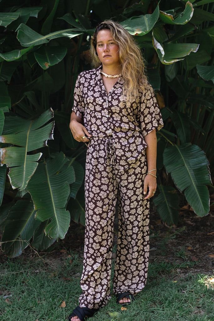 High Waisted Long Pants with elasticated waistband in Hawaiian Floral Brown and Beige Print - Brown Tropics - Front View