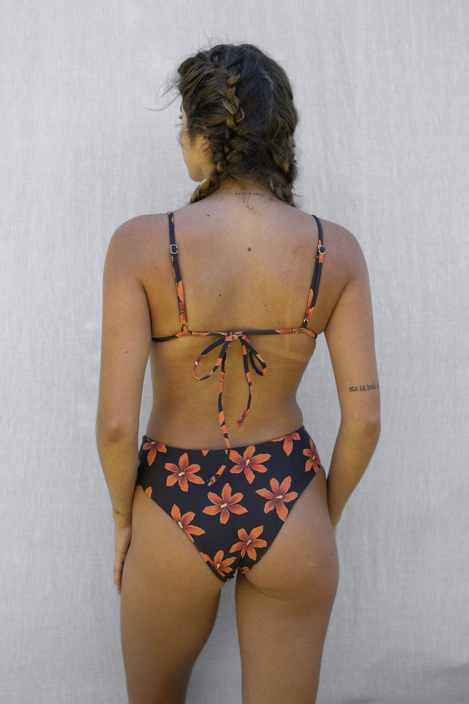 Vaha Triangle Bikini Top, Classic Scrunch, Adjustable Shoulder Straps, Tie-Back - Hawaiian Flower Print - Papaya Lily - Back View