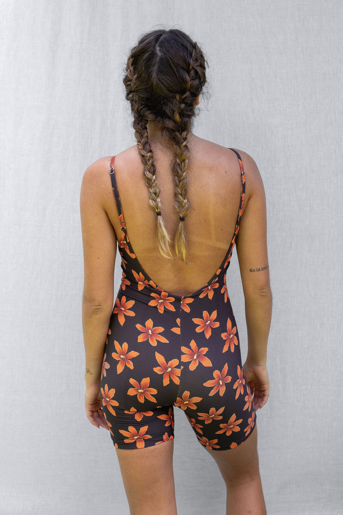 Bike-Short Length Bodysuit - Hawaiian Flower Print - Papaya Lily - Back View