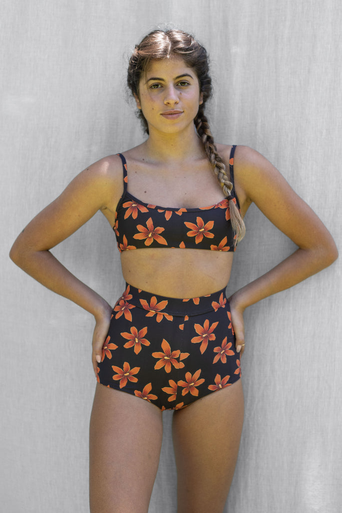Emmy Bikini Top, Bandeau Style, Adjustable Shoulder Straps, Tie-Back - Hawaiian Flower Print - Papaya Lily - Front View