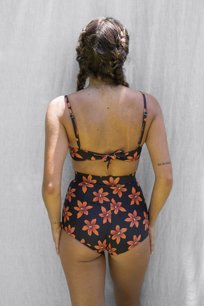 Short Bikini Bottom, High Waist, Full Coverage - Hawaiian Flower Print - Papaya Lily - Back View