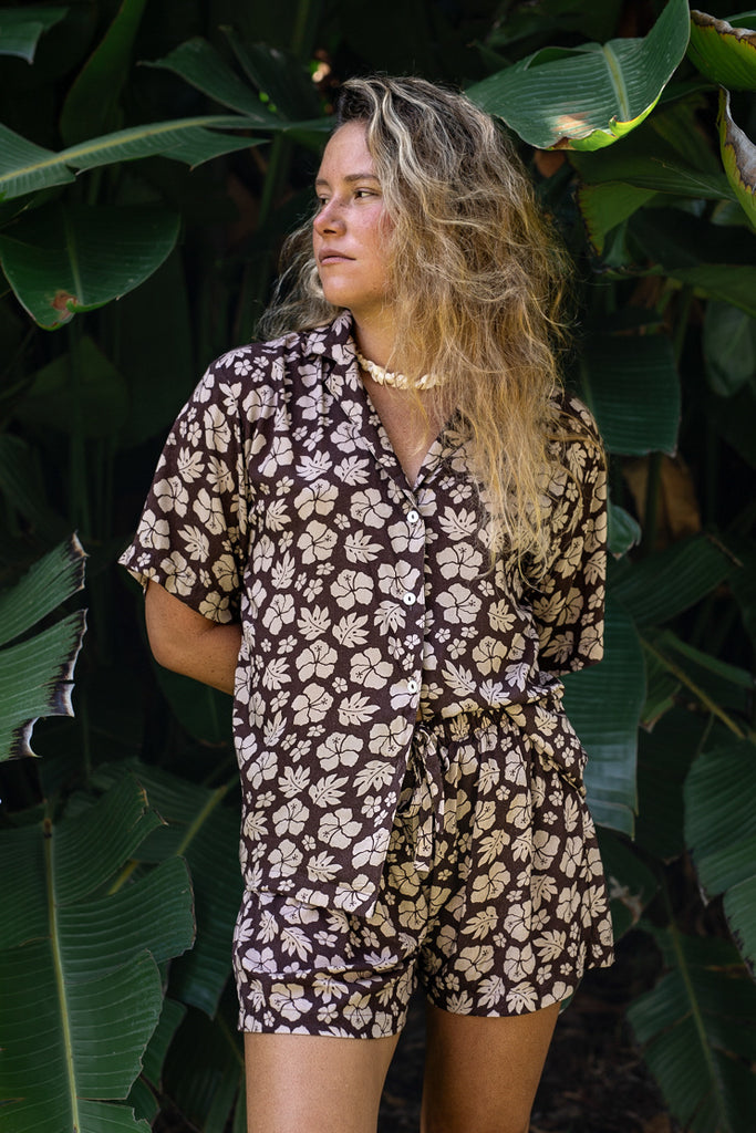 Zander Shorts pair well with Zephyr Shirt but not married to, in Hawaiian Floral Brown and Beige Print - Brown Tropics - Front View