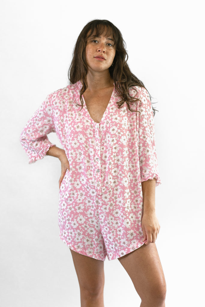 Romper Button-down - Pink Bloom - Front View