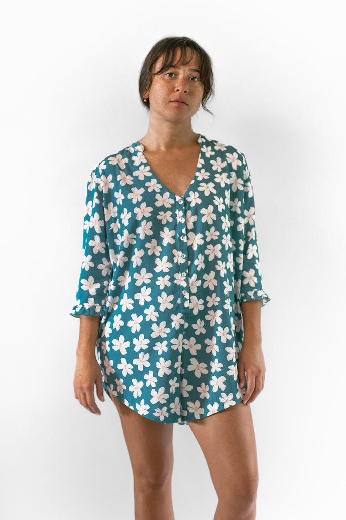 Romper, Button-down - Teal Hibiscus - Front View