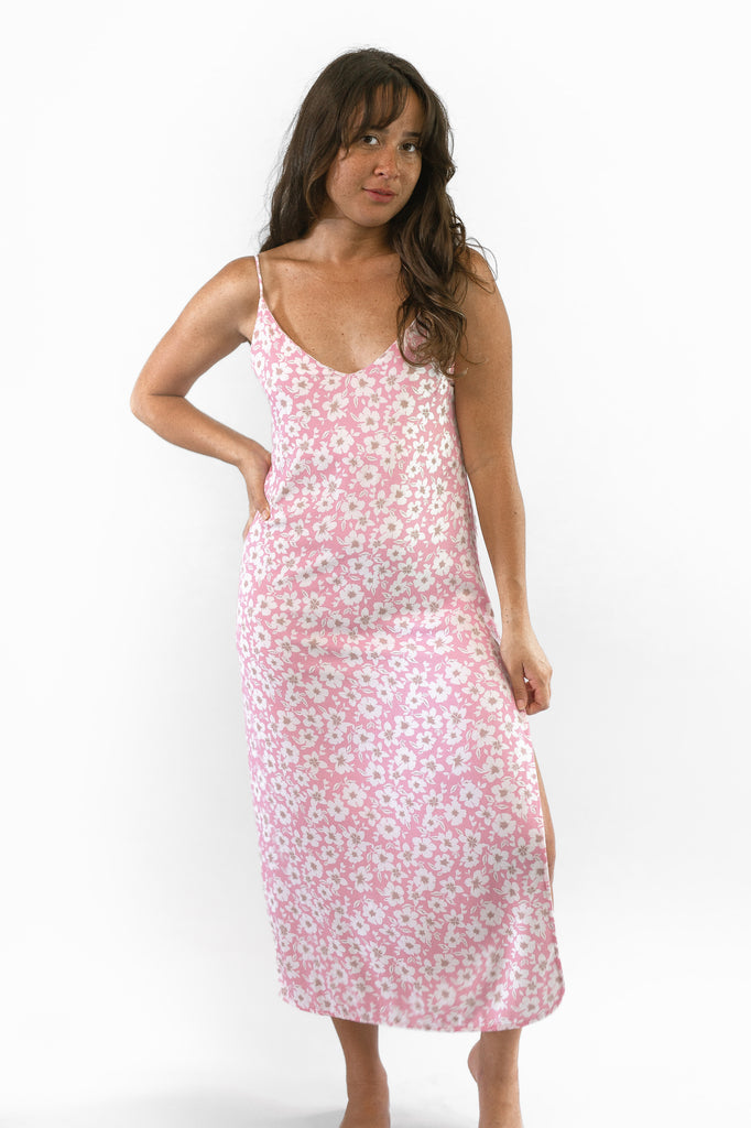 Slip Dress Side Slit Thin Straps - Pink Bloom - Front View