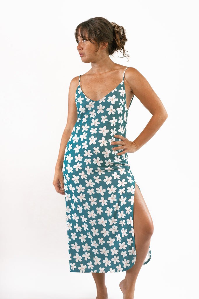 Slip Dress Side Slit Thin Straps - Teal Hibiscus - Front View