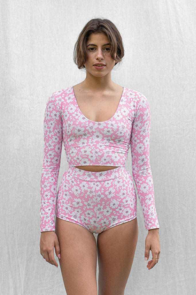 Lou Long Sleeve Surf Crop Top - Pink Bloom - Front View