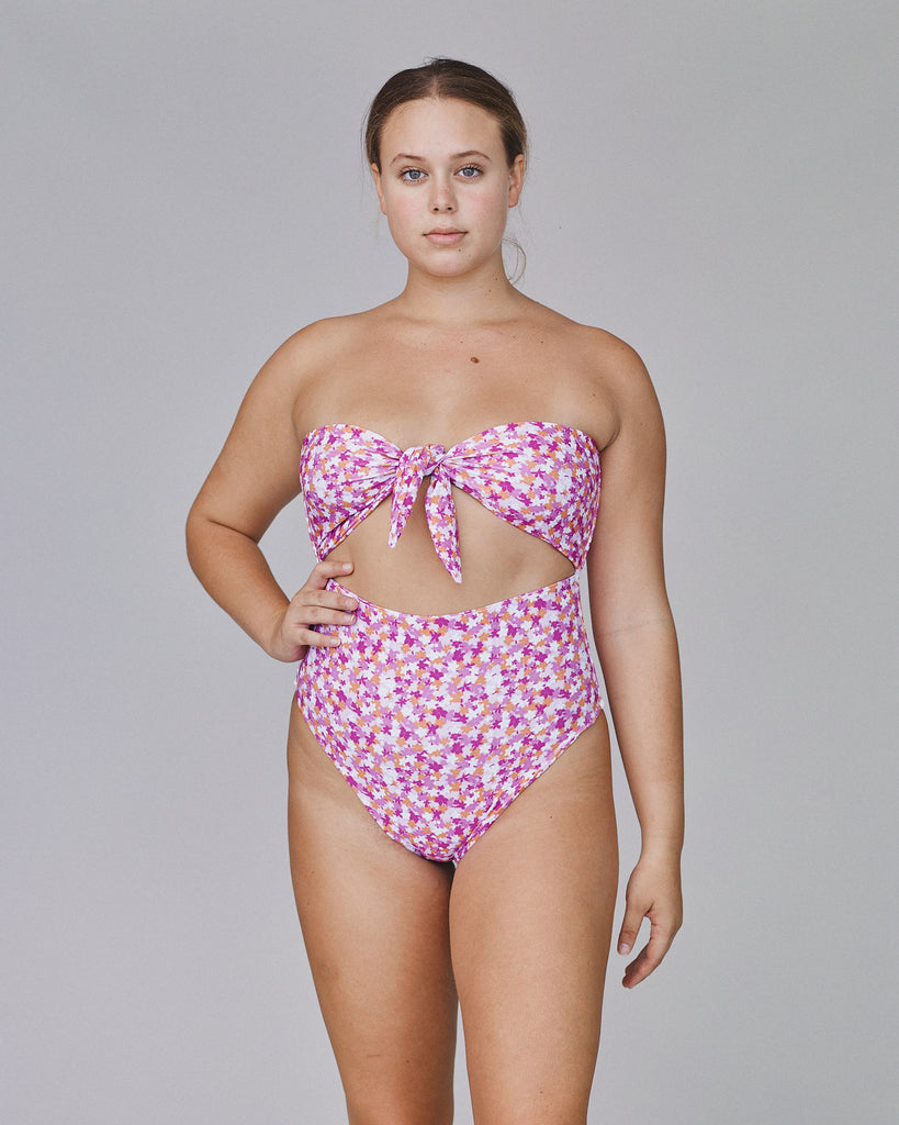Ana Bandeau High Hip One Piece Swimsuit - Pink Garden - Front View