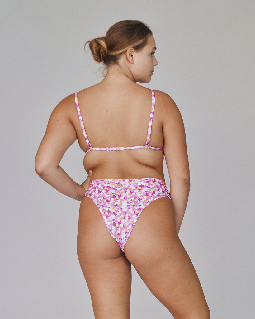 Hale Mid-Rise High Leg Bikini Bottom - Pink Garden -Back View 