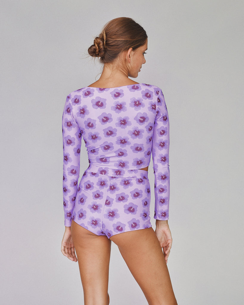 High Rise Surf Short Bottom - Purple Hibiscus - Back View